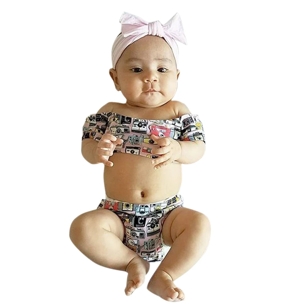 

Girls Swimming Costume Two Piece Swimsuit Camera Print Ruffles Swim Trunks Bathing Suit Set