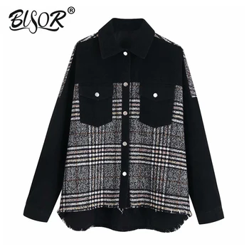 

2019 Fashion Stylish Plaid Patchwork Pockets Oversized Jacket Coat Women Long Sleeve Loose Ladies Outerwear Chic Tops
