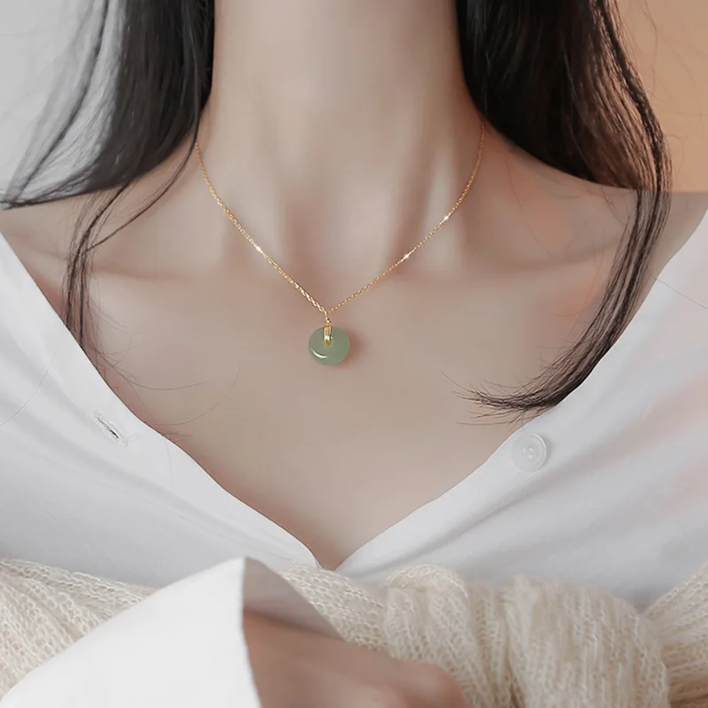 14K Gold Necklace Natural Jade Emerald 