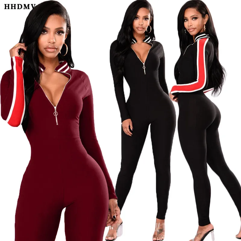 HHDMV, весенние женские модные сексуальные обтягивающие комбинезоны с длинным рукавом на молнии, 2 цвета, длинные штаны