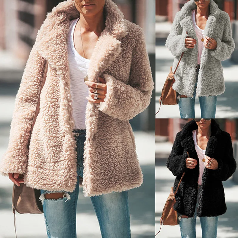 Женское осенне-зимнее толстое теплое плюшевое пальто с длинным рукавом, Женская куртка с отложным воротником, однотонное пальто