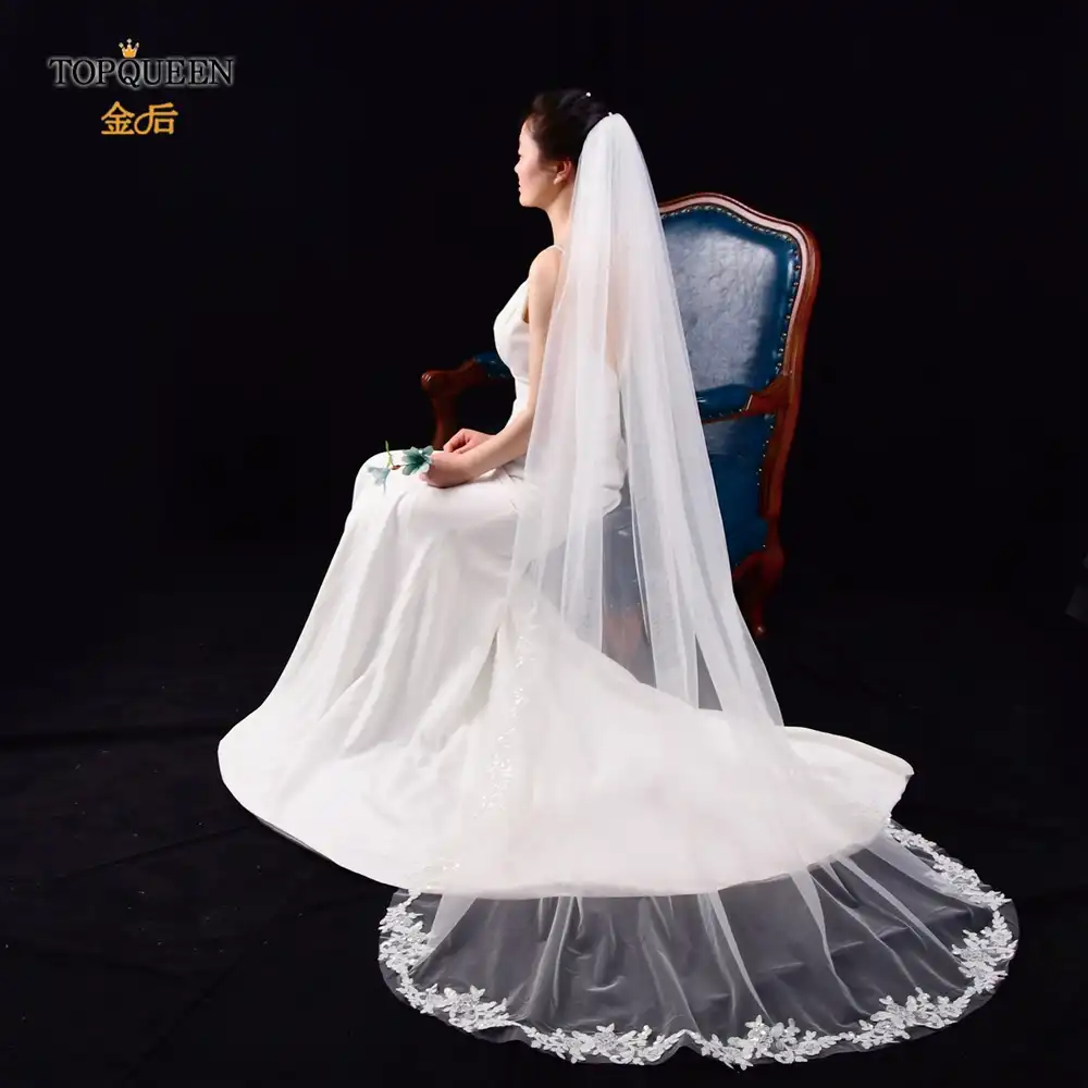 Topqueen V47 100 手作りとブライダルベール刺繍チャペルベールウェディングベールオフホワイトボイルシルク Bridal Veils Aliexpress