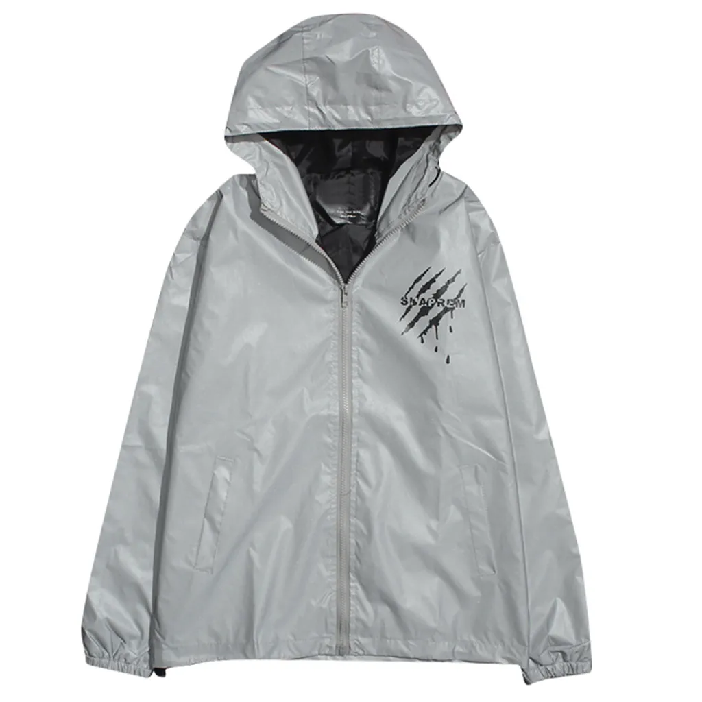 Gray new Men's 3M Reflective Jacket Cat Hip Hop Funny Pocket hooded waterproof Men women streetwear Windbreaker Jackets Homme Coats - Цвет: Gray