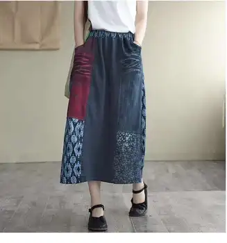 

New Artsy Spliced Panelled geometric linen skirt elastic waist print skirt