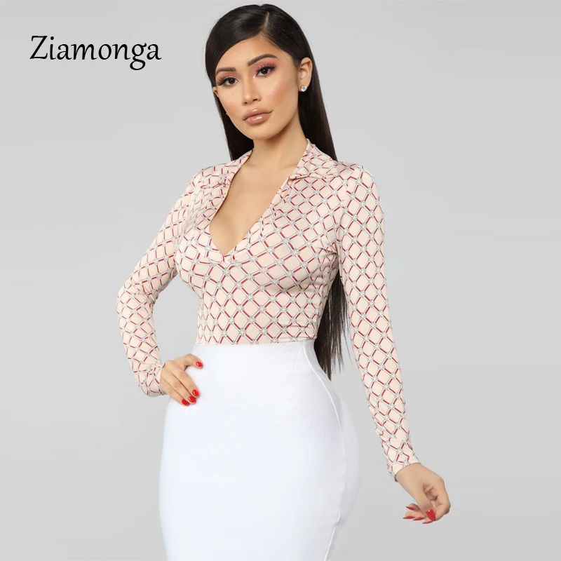 Ziamonga, женские элегантные клетчатые боди с v-образным вырезом и принтом, рубашка, Повседневная сиамская блузка с длинным рукавом, комбинезоны, женские блузы