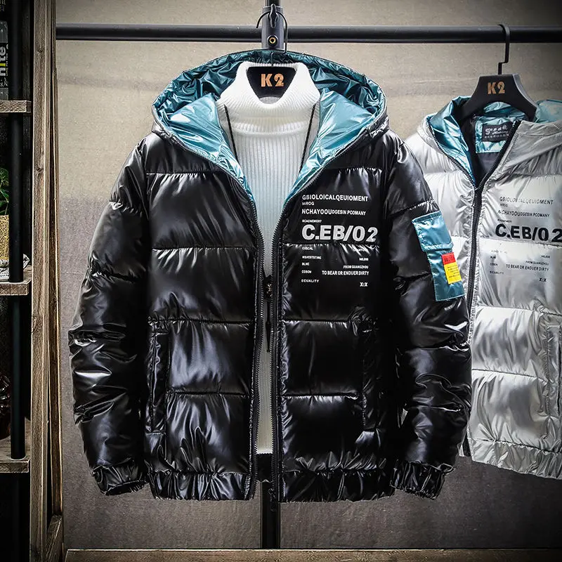 Зимние мужские куртки с капюшоном, зимние куртки для мальчиков, серебристые пальто, блестящие мужские куртки, зимние парки M L XL XXL 3XL 4XL 5XL - Цвет: Черный