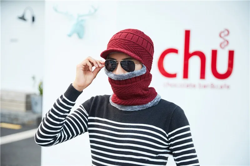 Зимняя шапка, шарф, Skullies Beanies для мужчин, вязаная шапка, женская маска, толстая Балаклава, ушанка, шерстяной берет, мужская шапка, шапка - Цвет: Красный
