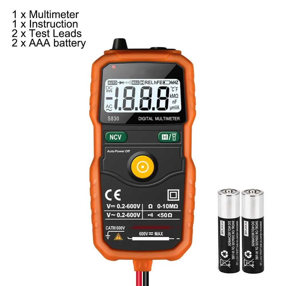 With Battery S830 Цифровой мультиметр умный мультиметр Измерение постоянного/переменного напряжения Измеритель сопротивления Тестовые провода er - Цвет: With Battery