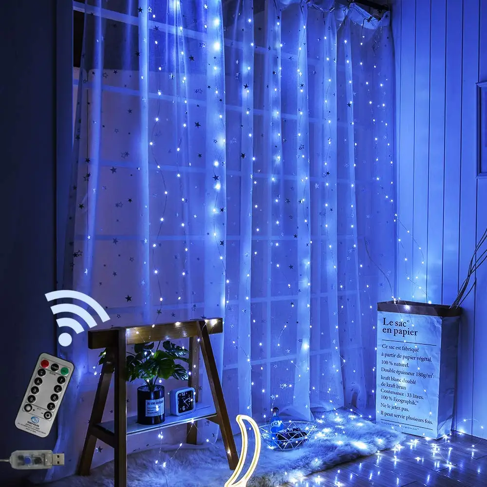 Solar Powered 300 LED Window Curtain Fairy Lights Copper Wire String Lights for Outdoor Wedding Party Garden Bedroom Decoration