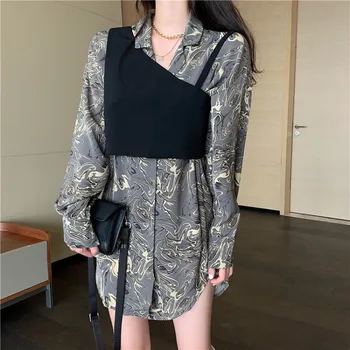 

MATAKAWA Women Two Piece Outfits Vintage Long-sleeved Printed Women Shirt + Oblique Shoulder Vest Two-piece Fashion Suit
