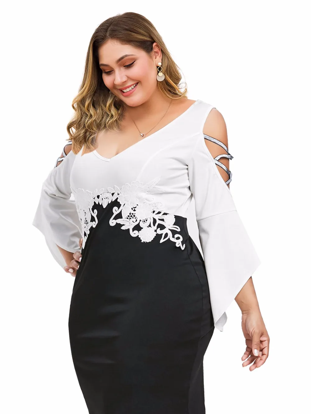 Платье Wipalo размера плюс 5XL с перекрещивающимися расклешенными рукавами облегающее платье с открытыми плечами и v-образным вырезом длиной до колена кружевное платье с аппликацией Vestido