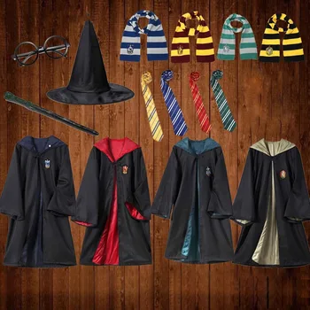 

Cosplay Costume Potter Hermione Slytherin Gryffindor Robe Cloak Cape With Tie Scarf Wand Fantasia Carnaval For Adult Kid E2103AD