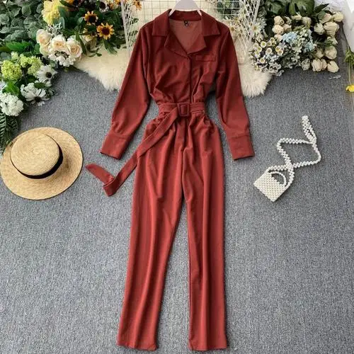 new fashion women's Long-sleeved lace-up waist temperament lapel jumpsuit - Цвет: Brick red