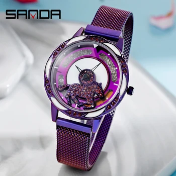 

Luxury Rose Gold Watch Women Special Design Horse Race 360 Degrees Rotation Diamond Dial Watches Mesh Magnet waterproof Clock
