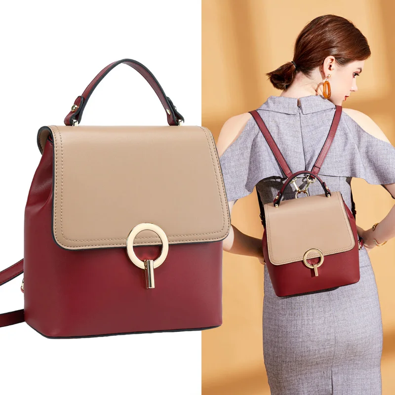

New Fashion Women Backpack Genuine Leather Lady Shoulder Bag College Students Back Pack Contrast Color Travel Backpacks