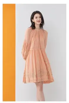 

New Arrival 2020 Women O Neck Long Lantern Sleeves Floral Embroidery Casual Loose Pink / Black Runway Mini Dresses