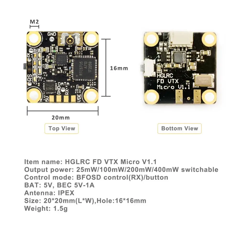 16x16 мм HGLRC FD VTX микро переключаемый передатчик FPV 48CH Raceband 25/100/200/400 МВт с IPEX Для гоночный Дрон Квадрокоптер с дистанционным управлением