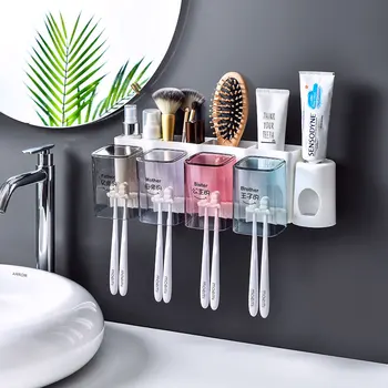 

Wall-mount Toothbrush Holder Toiletries Storage Rack Auto Squeezing Toothpaste Dispenser With Cup Teethbrush Accessor