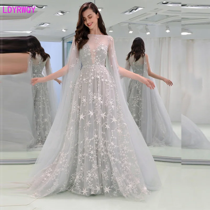 

2019 autumn new European and American women's sexy word collar shoulder stitching long mesh perspective fashion long dress