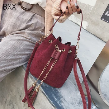 

[BXX] PU Leather Tassel Chain Crossbody Bucket Bags For Women 2020 Spring New Shoulder Messenger Bag Female Handbag HK494
