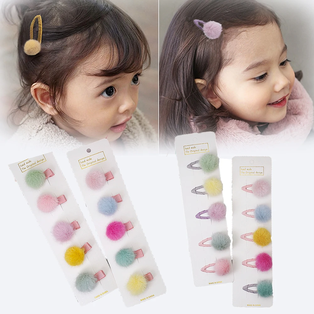 

5Pcs Girls Hairpins with Small Lovely Soft Barrette Fur Pompom Mini Ball Gripper Hairball Pom Children Hair Clip Hair Accessory