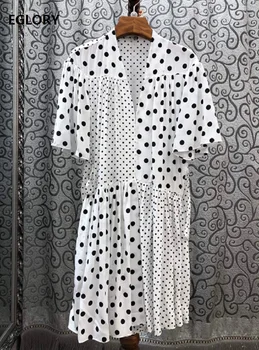 

Top Quality New 2020 Summer Style Dress Women V-Neck Polka Dot Print Short Sleeve Casual Loose Pleated Dress Clothing Ladies