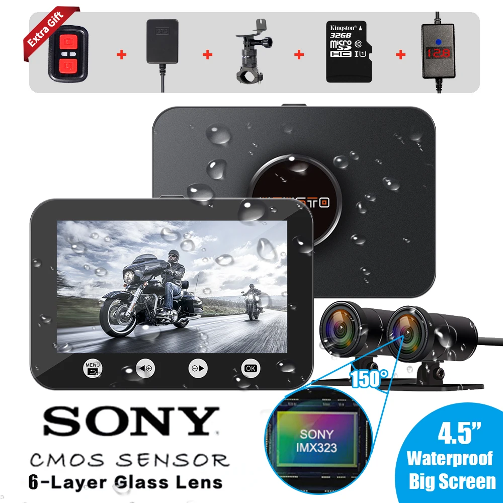  Waterproof motorcycle dash cam FHD1080P motor dvr wifi 150° view angle motorbike dual camera 4.5