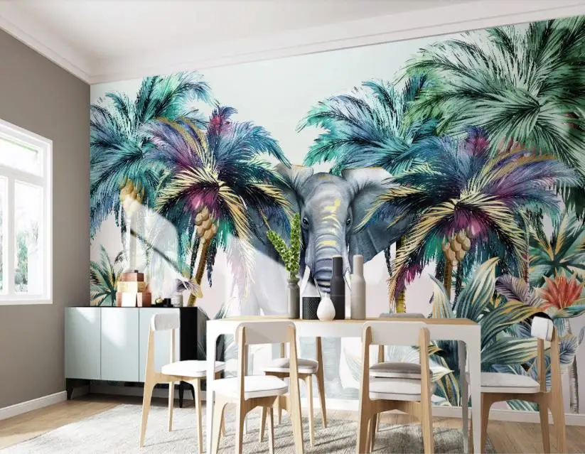 3D photo wallpaper Forest animal tropical plant elephant coconut tree custom 3d mural wall | Обустройство дома