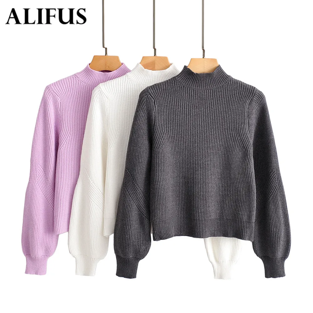 

Fashion Za Women's Sweater Coat 2019 Fashion Loose Solid Color High Collar Long Bubble Sleeve Pullover Knit Tops