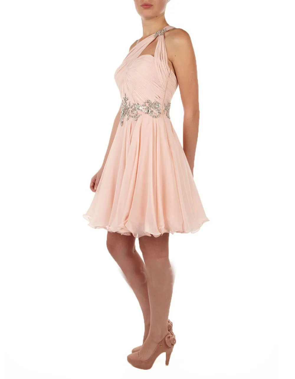 Wholesale- Cheap One Shoulder Nude Chiffon Short Prom Dress A-Line Beaded Above Knee Side Zipper Custom Made