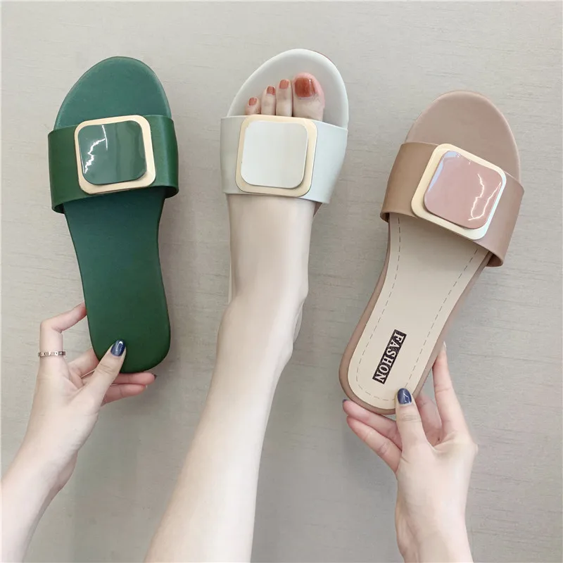 

2019 Korean-style Summer New Style Elegant Simple Metal Square Buckle Single-strap Slipper Semi-high Heeled Chunky-Heel WOMEN'S