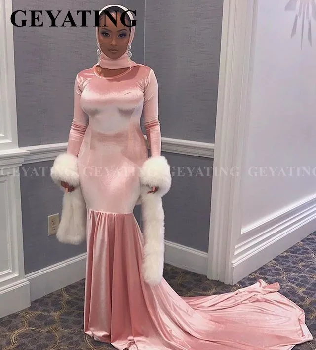 pink velvet prom dress