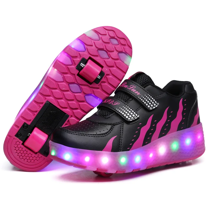 Детский светодиодный роликовый скейт обувь с одним/двумя колесами светящиеся Jazzy Junior детские кроссовки для взрослых мальчиков и девочек - Цвет: Black Rose 2 Wheels