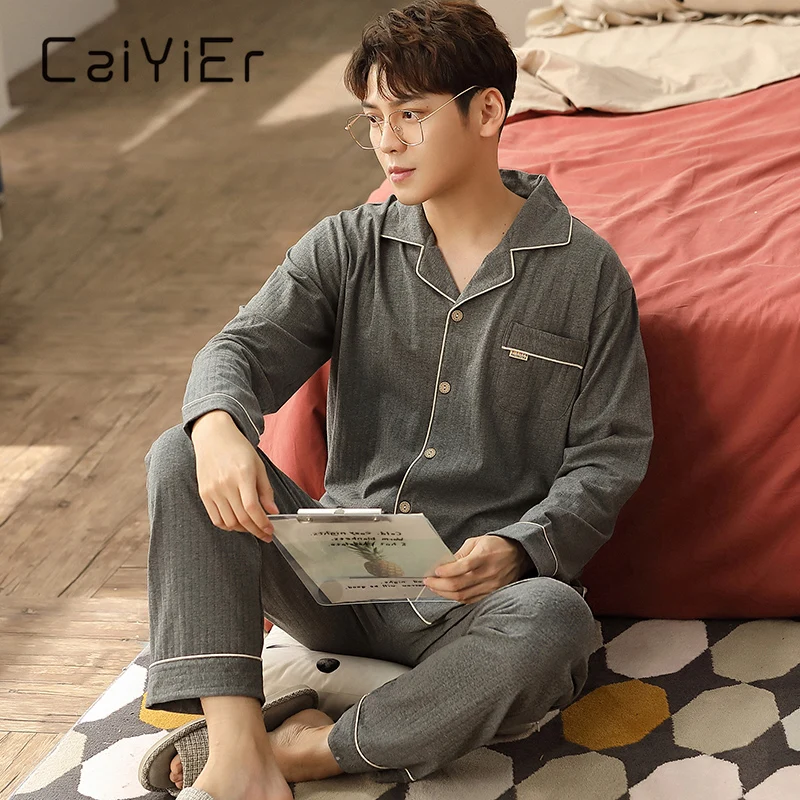 

CAIYIER Cotton Men's pajamas Homewear Winter Long sleeve Turn-down collar Men Casual Sleepwear Sets Plus Size XXXL Nightwear