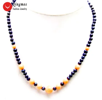 

Qingmos Natural 5-6mm Black Pearl Necklace for Women with 6-10mm Round Genuine Pink Coral Pendant Necklace Jewelry Chokers 18"