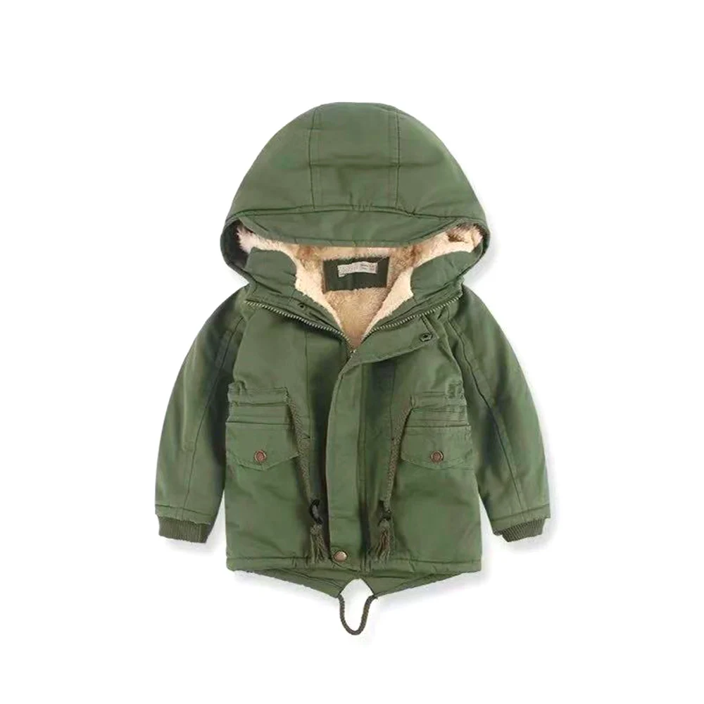 Зимнее пальто для детей 3-8 лет с мягкой флисовой подкладкой, хлопковое, с капюшоном, на молнии, с регулируемой талией, с кулиской, зеленого цвета