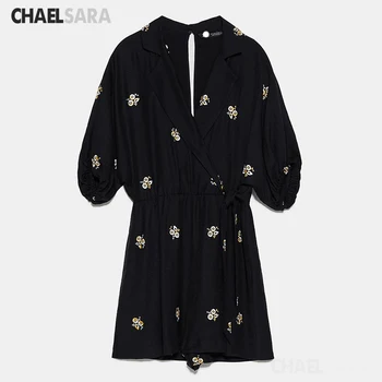 

2020 New Summer Black Embroidery Flower Jumpsuit Women With Belt Casual Loose Beach Rompers Female Playsuits