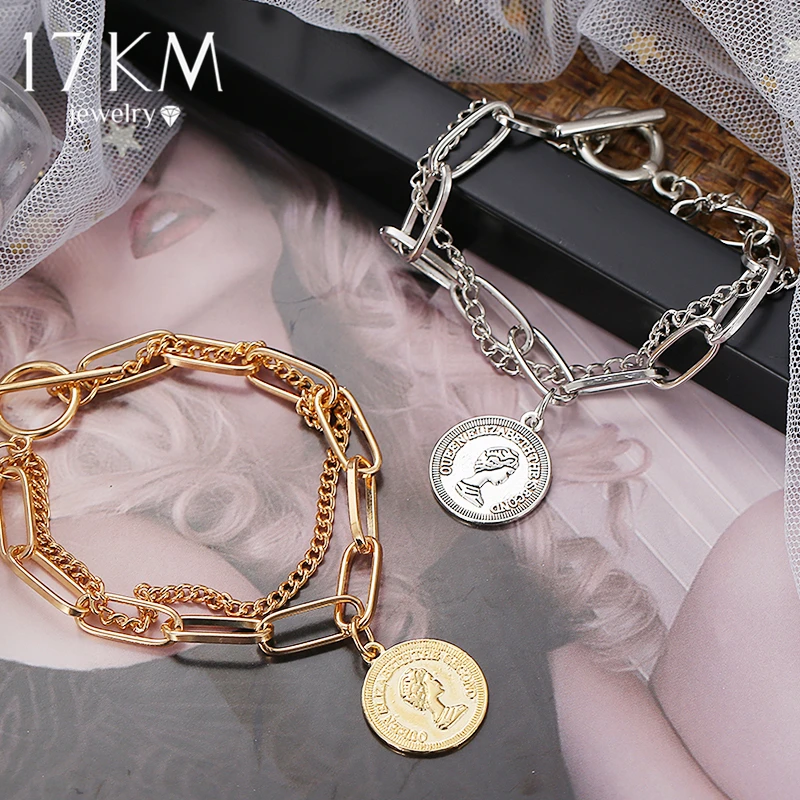 17KM oro brazalete multicapa cadenas Vintage Retro de Color plata Cruz y corazón colgante de moneda cadena pulseras regalos de la joyería