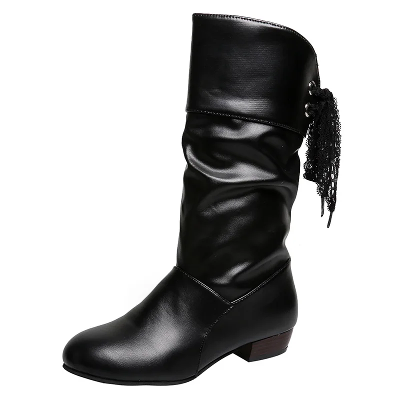 Botas mujer invierno/ г. Новые осенне-зимние женские сапоги до середины икры теплые сапоги из искусственной кожи на плоской подошве высокие сапоги до колена высокого качества