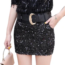 Новинка, корейская модная блестящая мини-юбка с поясом, украшенная бисером и карманами, женская сексуальная кожаная юбка на осень и зиму, Jupe Femme B9N330