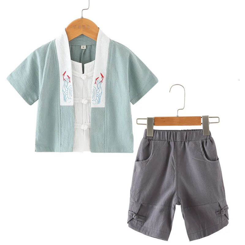 Традиционный комплект одежды в китайском стиле, льняной костюм Tang для мальчиков детское кимоно, детский праздничный хлопковый костюм ханфу с вышивкой
