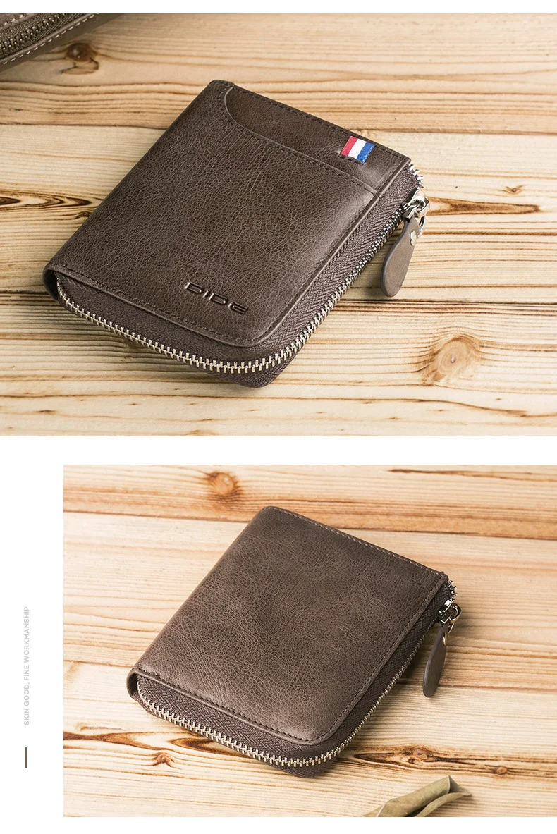 DIDE Black Genuine Leather Wallet Men RFID Credit Card Holder Male Short Coin Purse Wallets Cowhide Zipper Wallet Vintage Casual