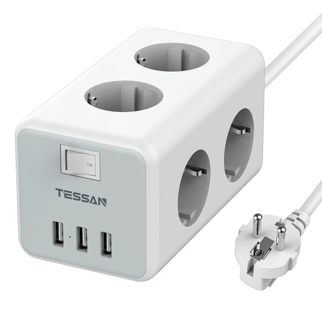 Prises, multiprises et accessoires électriques Tessan 6 en 1 Prise USB  Multiple Murale Cube avec 3 Prises et 3 USB Secteur,Interrupteur,Gris