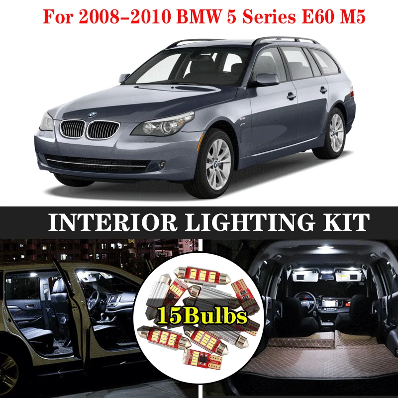 

ZXCXZ 15Pcs Canbus LED Lamp Car Bulbs Interior Package Kit For 2008-2010 BMW 5 Series E60 M5 Map Dome Trunk Door Plate Light