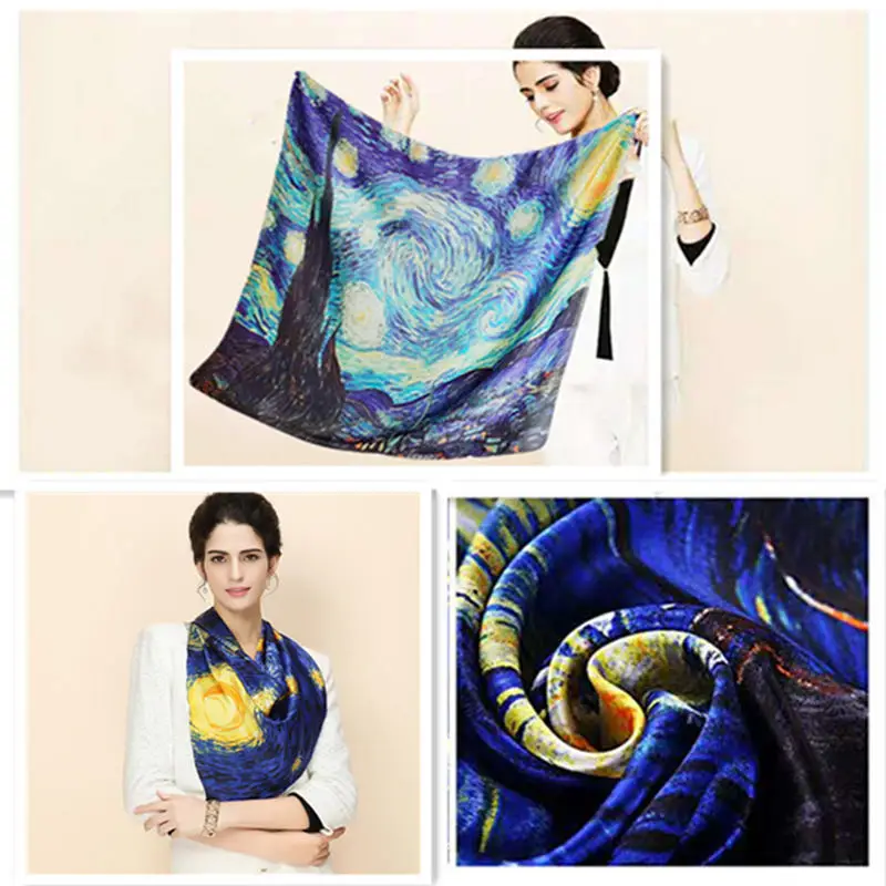 

70cm*70cm Women Vincent Van Gogh Oil Painting Printed Silk Scarf Women shawls Girl Wraps Hair Tie bandana