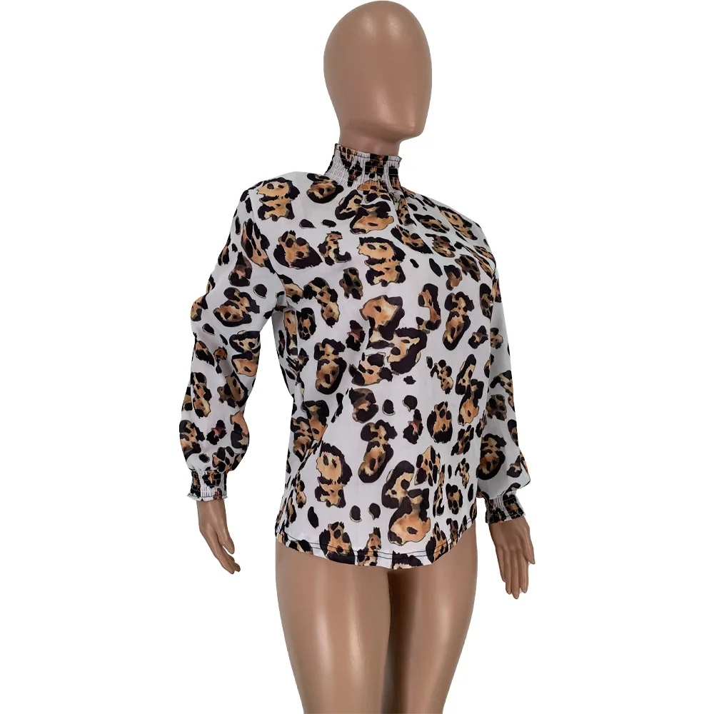Леопардовая шифоновая футболка с длинным рукавом Женская мода водолазки рюшами уличная одежда кроп-Топ Повседневная размера плюс тонкая футболка Femme