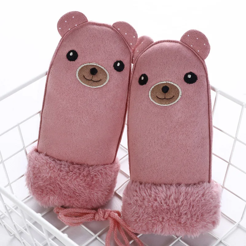 A Pink Coslony детские милые Мультяшные медведи замшевые кожаные рукавицы для мальчиков/девочек зимние плюшевые толстые теплые перчатки с принтом овцы - Цвет: A Pink