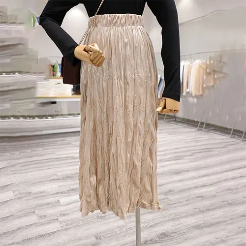 apricot TIGENA Vintage Fold Velvet Skirt Women Fashion Korean High Waist Pleated Long Maxi Skirt Female Ladies Green Pink Blue - Цвет: apricot
