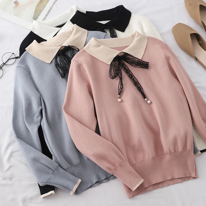Autumn Winter Women Sweater Sweet Bow Lace Up Knitted Pullovers Ladies Long Sleeve Bottoming Knitwear Short Jumper Tops RH2084 | Женская