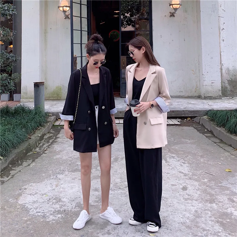 

2019 Autumn New Style Korean-style Retro Casual Mid-length Black And White with Pattern Small Suit Versatile Loose-Fit Long-slee